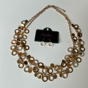 NWT! Signature Heavy gold Necklace w/Clear Rhinestones and matching earrings